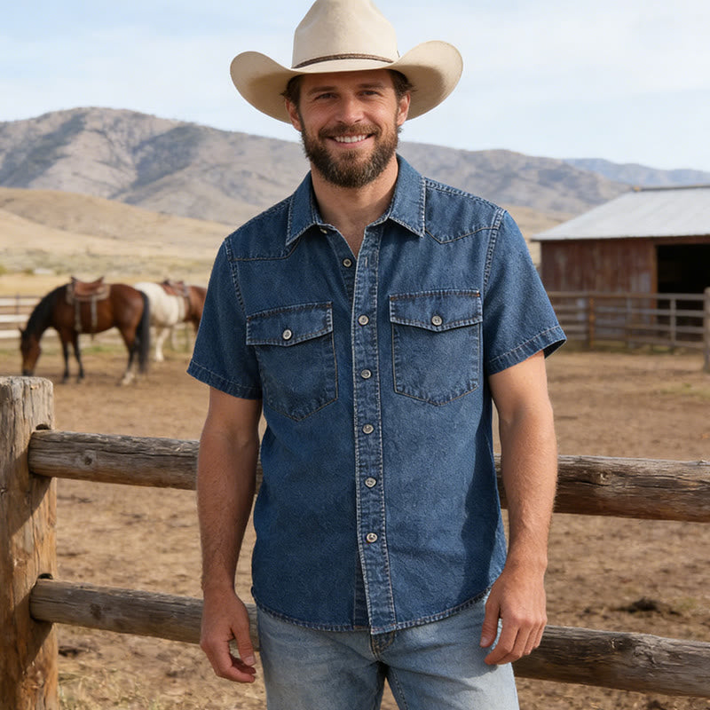 Chemise en jean rétro classique pour homme avec double poche - image 0