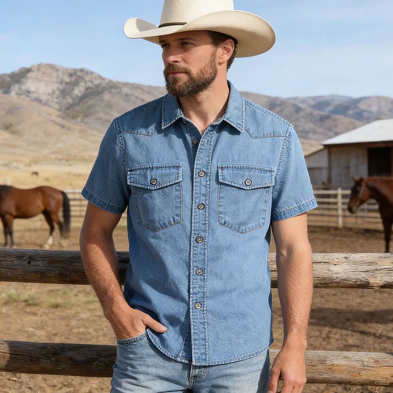 Chemise en jean rétro classique pour homme avec double poche - image 5