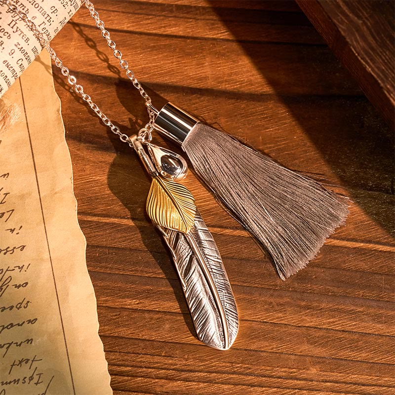Collier vintage bohème en argent à pompon et plumes - Argent - image 0