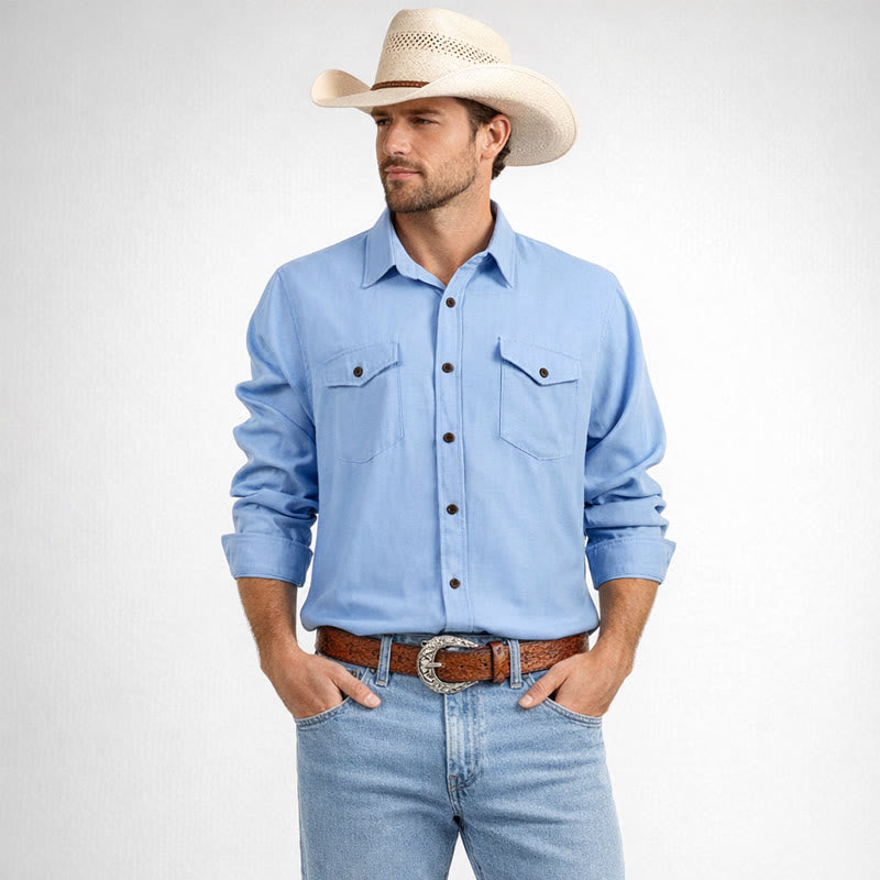 Chemise de travail classique pour homme en denim bleu clair délavé - image 1