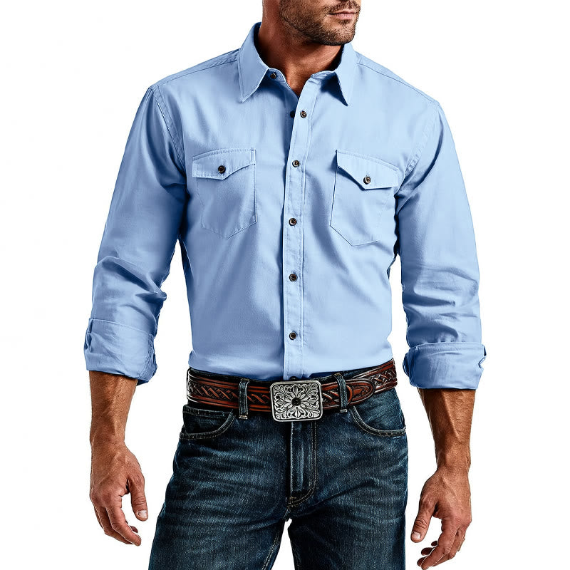 Chemise de travail classique pour homme en denim bleu clair délavé - image 2