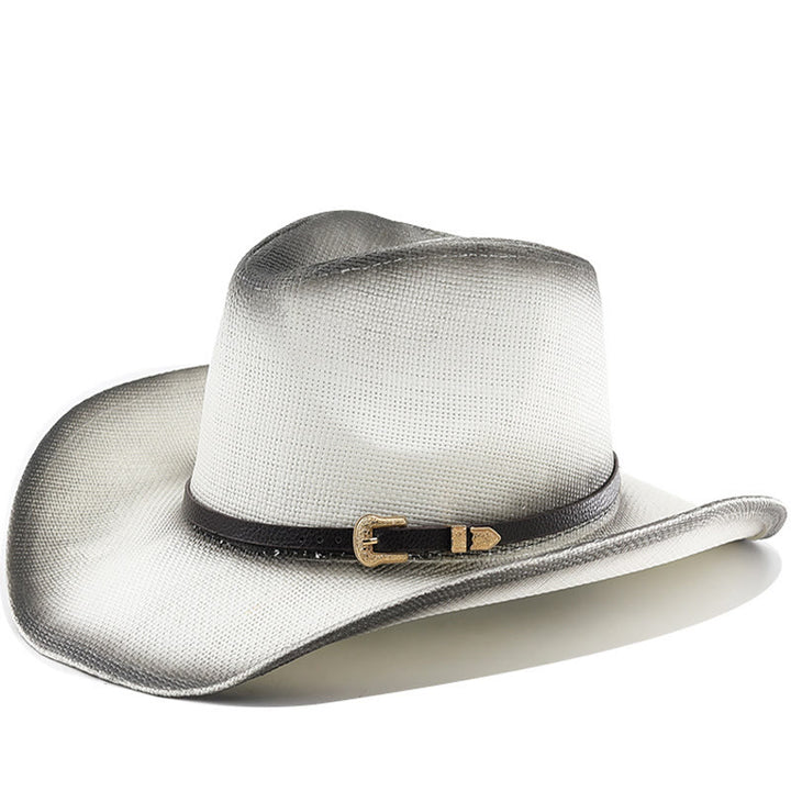 Chapeau de cowboy rétro en paille dégradée à large bord et ceinture - Blanc - M (22"-22 7/8") - image 1