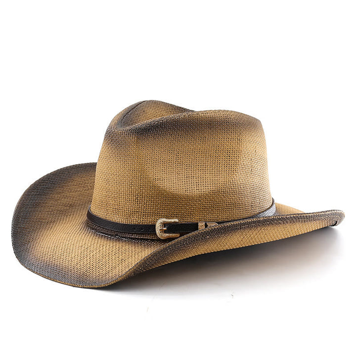 Chapeau de cowboy rétro en paille dégradée à large bord et ceinture - Kaki - M (22"-22 7/8") - image 0
