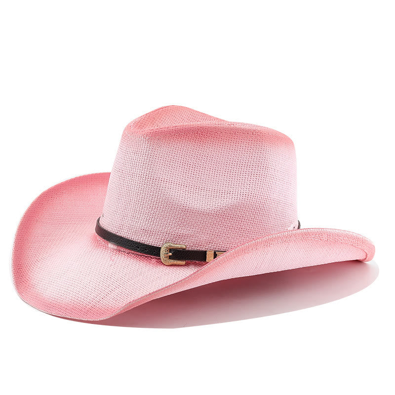 Chapeau de cowboy rétro en paille dégradée à large bord et ceinture - Rose - M (22"-22 7/8") - image 4
