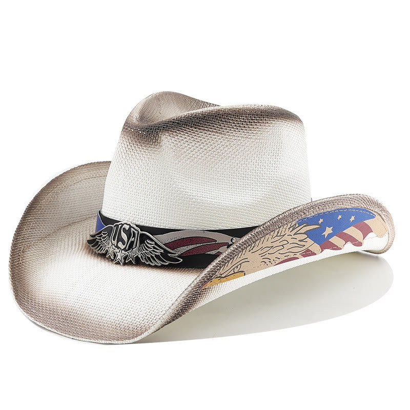 Chapeau de cowboy western en paille avec emblème de l'aigle américain pour homme - Blanc - M (22"-22 7/8") - image 5