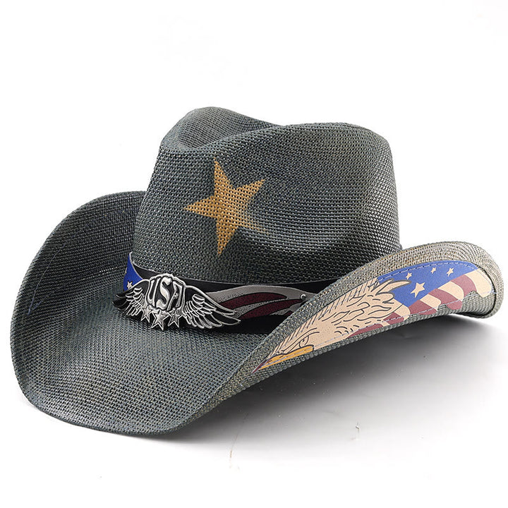 Chapeau de cowboy western en paille avec emblème de l'aigle américain pour homme - Vert armée - M (22"-22 7/8") - image 6