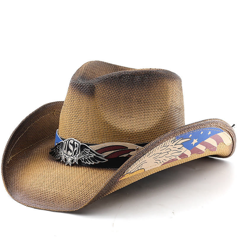 Chapeau de cowboy western en paille avec emblème de l'aigle américain pour homme - Kaki - M (22"-22 7/8") - image 0