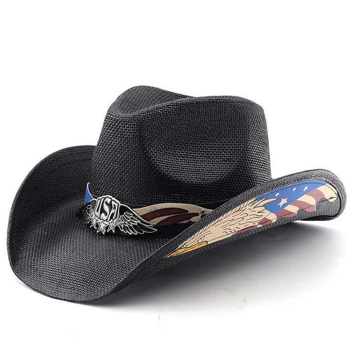 Chapeau de cowboy western en paille avec emblème de l'aigle américain pour homme - Noir - M (22"-22 7/8") - image 7