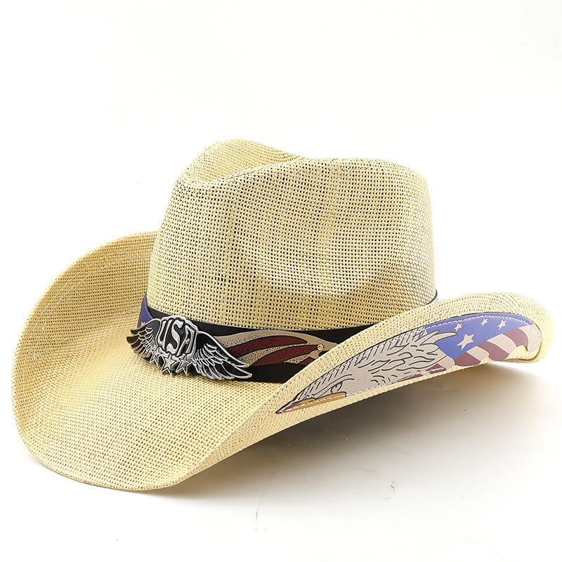 Chapeau de cowboy western en paille avec emblème de l'aigle américain pour homme - Beige - M (22"-22 7/8") - image 4