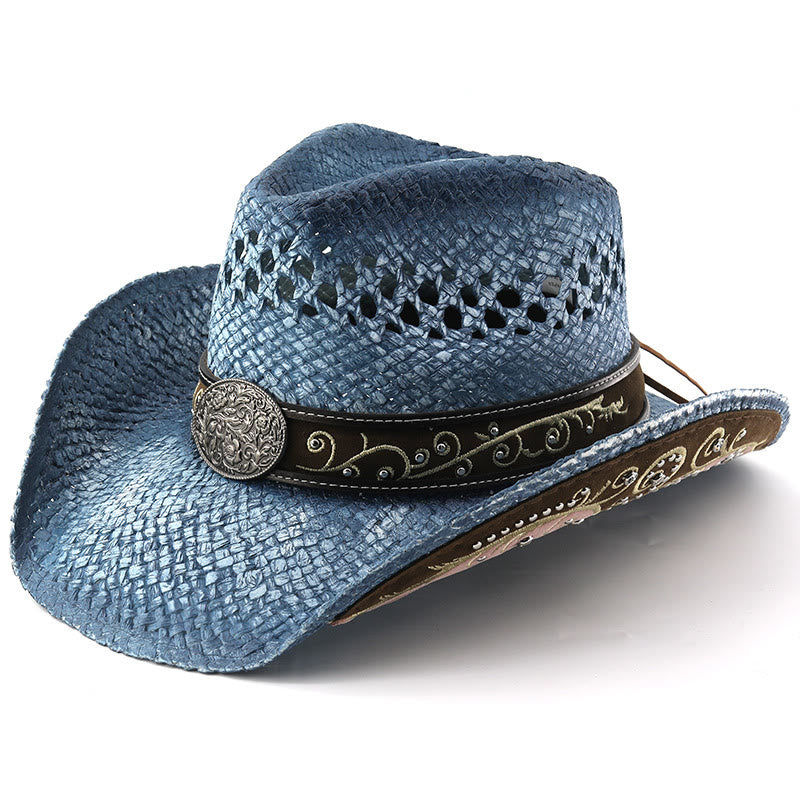Chapeau de soleil western en paille à bord incurvé - Bleu - M (22"-22 7/8") - image 9
