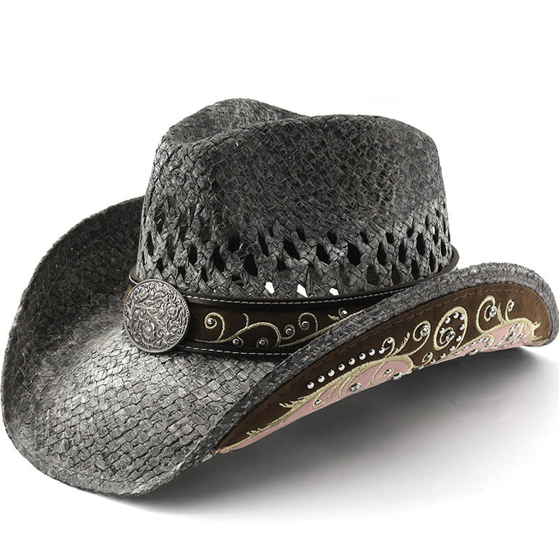 Chapeau de soleil western en paille à bord incurvé - Noir - M (22"-22 7/8") - image 0
