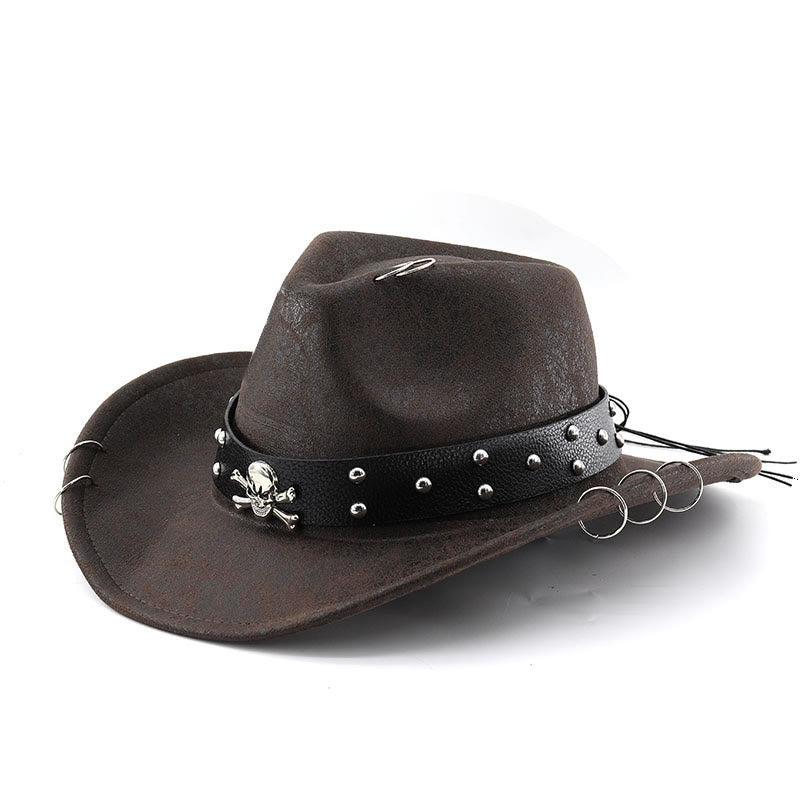 Chapeau de cowboy unisexe en cuir PU avec décor de crâne pour fête - Café - M (22"-22 7/8") - image 6
