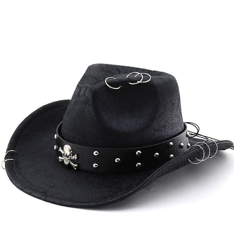 Chapeau de cowboy unisexe en cuir PU avec décor de crâne pour fête - Noir - M (22"-22 7/8") - image 0