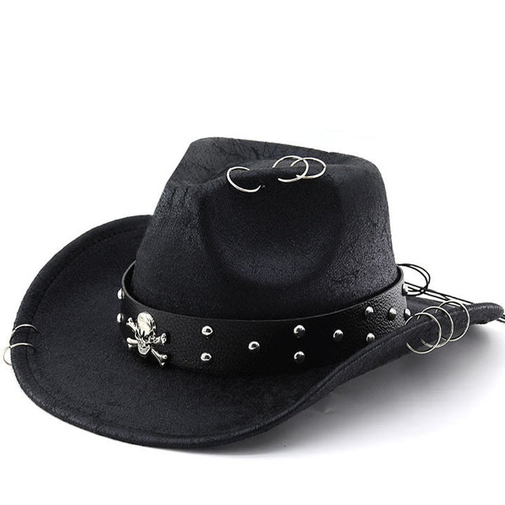 Chapeau de cowboy unisexe en cuir PU avec décor de crâne pour fête - Noir - M (22"-22 7/8") - image 0