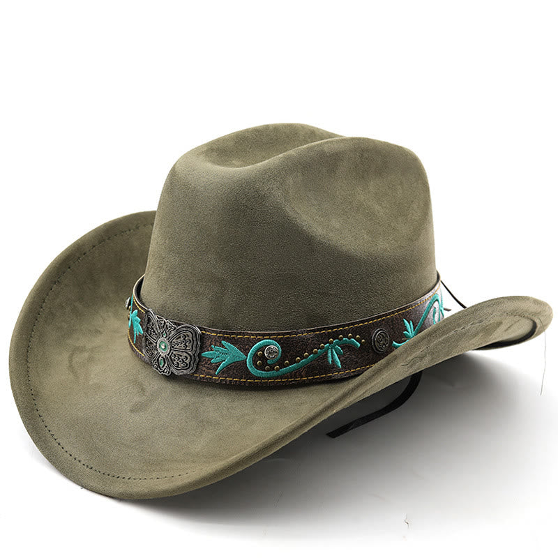Chapeau de cowboy western vintage à large bord pour l'été - Vert armée - M (22"-22 7/8") - image 0