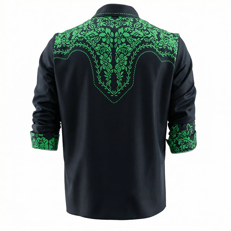 Chemise de cowboy noire imprimée en 3D à fleurs vertes style western - image 3