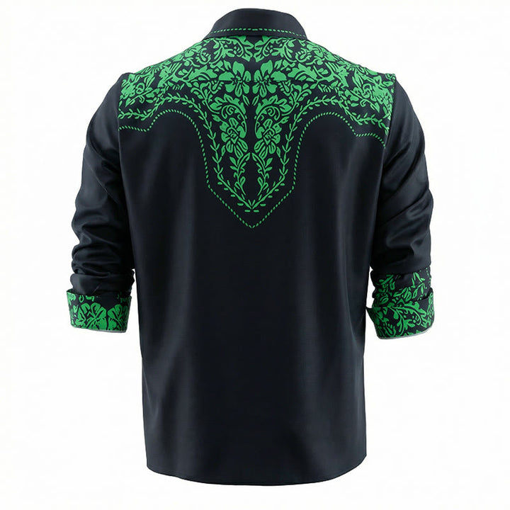 Chemise de cowboy noire imprimée en 3D à fleurs vertes style western - image 3