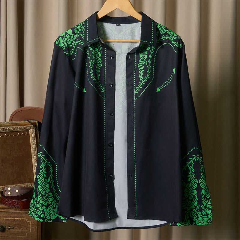 Chemise de cowboy noire imprimée en 3D à fleurs vertes style western - image 4