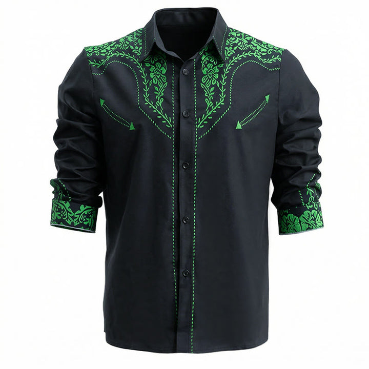 Chemise de cowboy noire imprimée en 3D à fleurs vertes style western - image 2