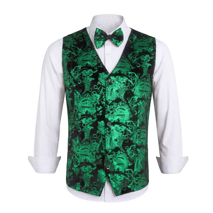 Gilet élégant pour homme, motif cachemire estampé à chaud, col en V et nœud papillon - Vert - 3XL - image 14