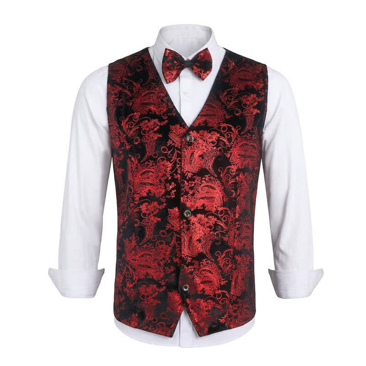 Gilet élégant pour homme, motif cachemire estampé à chaud, col en V et nœud papillon - Rouge - 3XL - image 0