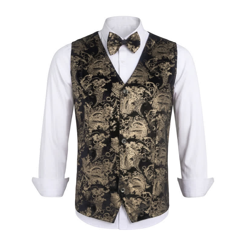 Gilet élégant pour homme, motif cachemire estampé à chaud, col en V et nœud papillon - Doré - 3XL - image 11