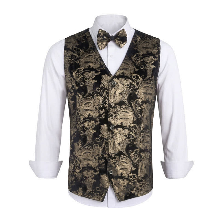 Gilet élégant pour homme, motif cachemire estampé à chaud, col en V et nœud papillon - Doré - 3XL - image 11