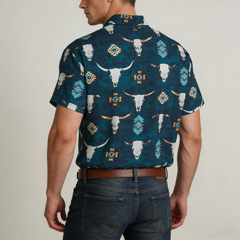 Chemise pour homme à imprimé 3D tête de taureau et motifs géométriques aztèques - image 2
