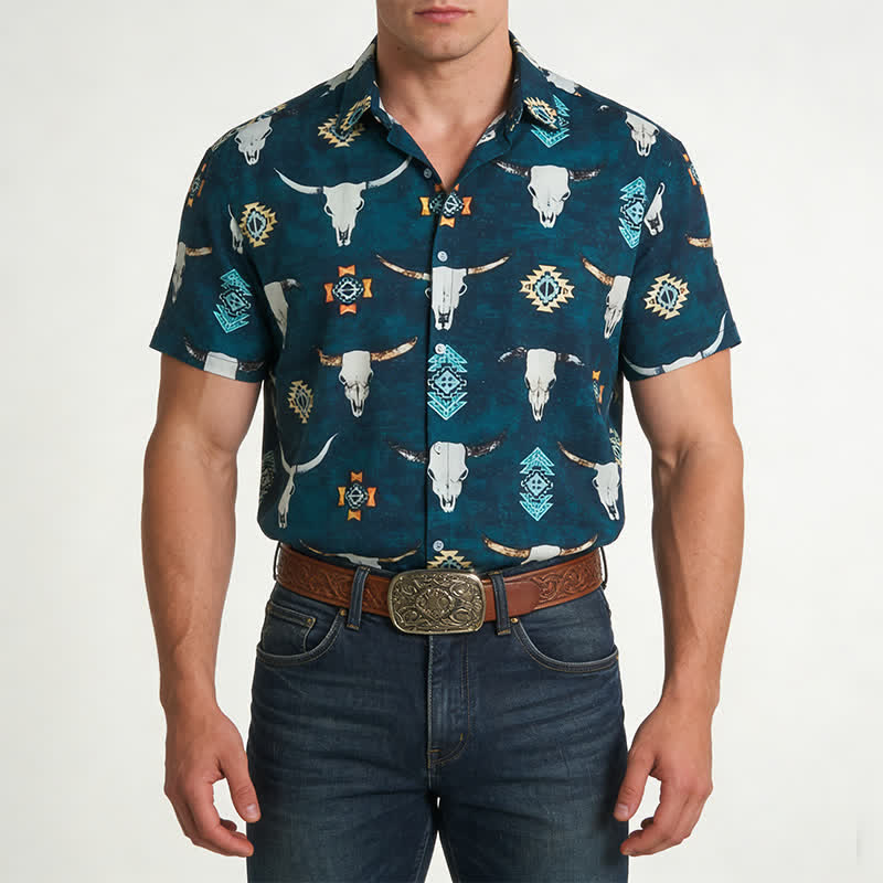 Chemise pour homme à imprimé 3D tête de taureau et motifs géométriques aztèques - image 1