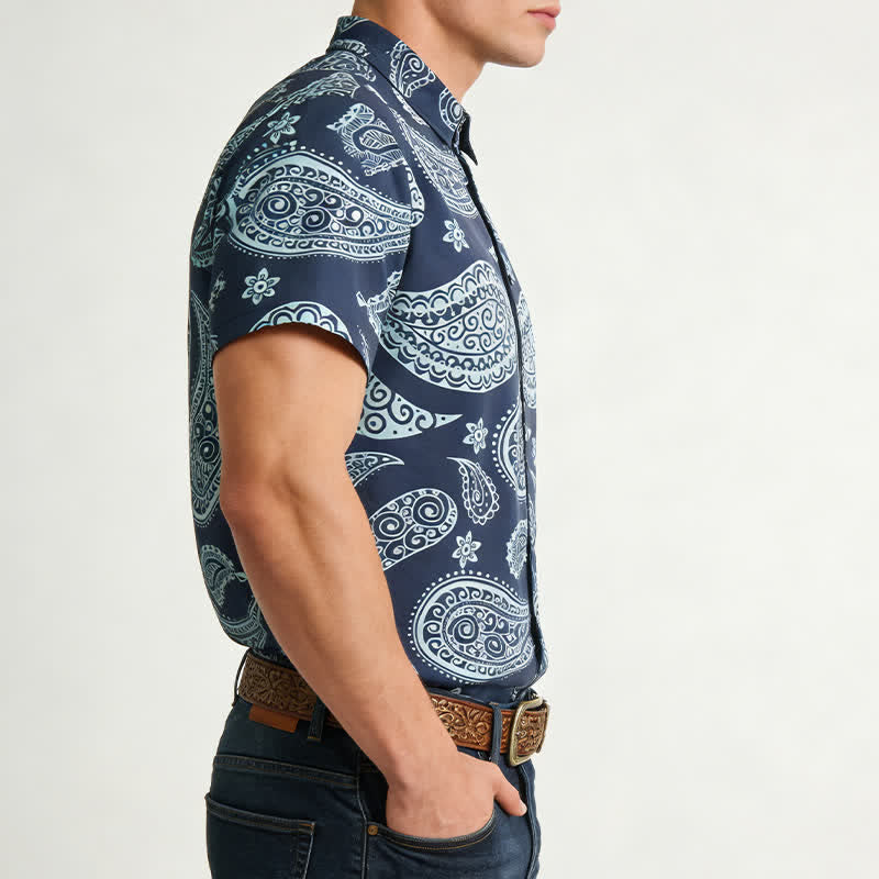Chemise à manches courtes pour homme, motif cachemire western, col cubain - image 2