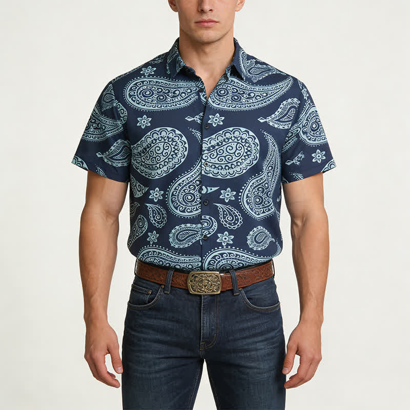 Chemise à manches courtes pour homme, motif cachemire western, col cubain - image 1