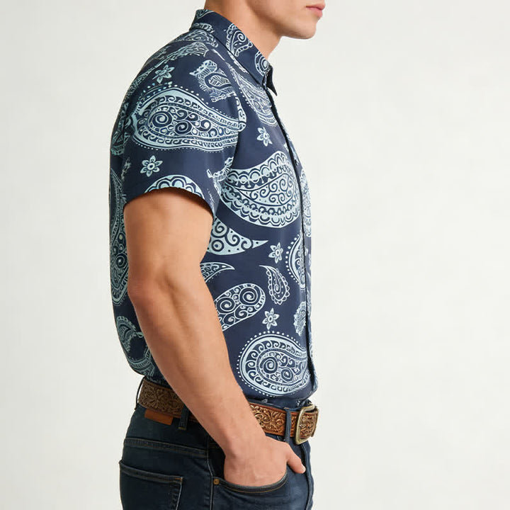 Chemise à manches courtes pour homme, motif cachemire western, col cubain - image 2