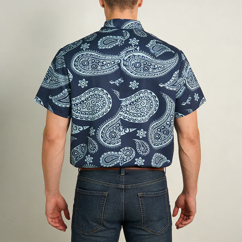 Chemise à manches courtes pour homme, motif cachemire western, col cubain - image 3