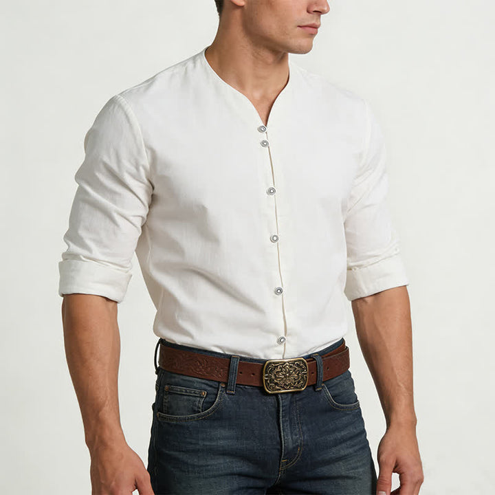 Chemise homme rétro à col Henry, respirante et unie - image 1