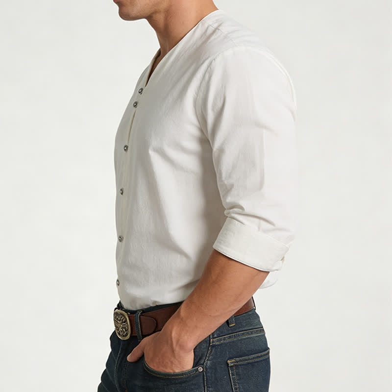 Chemise homme rétro à col Henry, respirante et unie - image 2