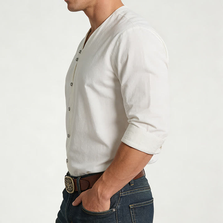 Chemise homme rétro à col Henry, respirante et unie - image 2
