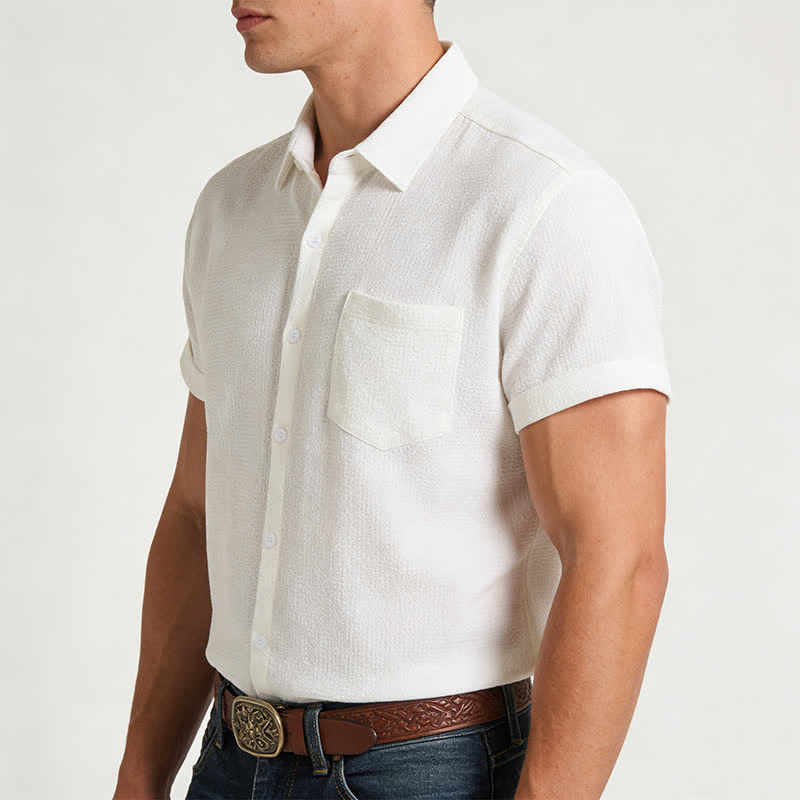Chemise d'été pour homme, couleur unie, à revers et poche. - image 2
