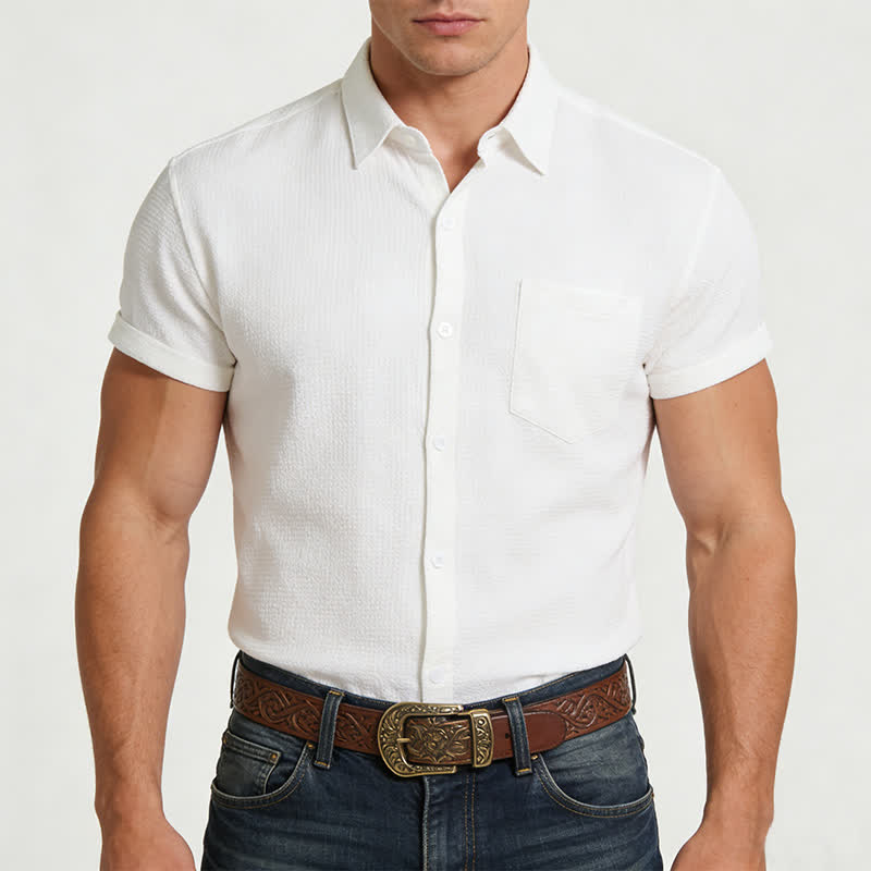 Chemise d'été pour homme, couleur unie, à revers et poche. - image 1