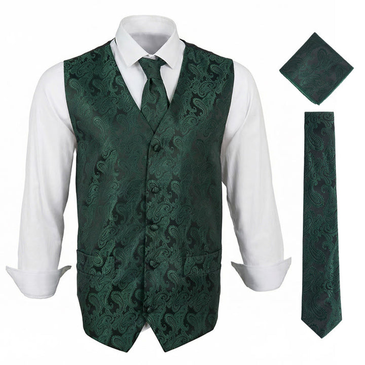 Ensemble gilet et veste de costume élégant pour homme, motif cachemire jacquard, 3 pièces - Vert - 3XL - image 0