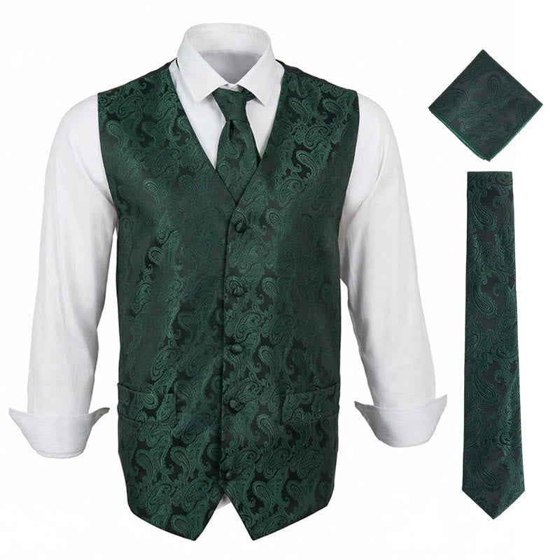 Ensemble gilet et veste de costume élégant pour homme, motif cachemire jacquard, 3 pièces - Vert - 3XL - image 0