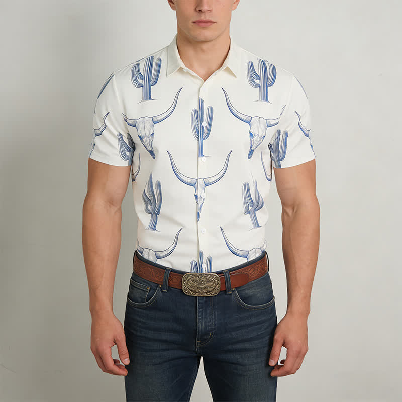 Chemise à manches courtes style ranch western avec imprimé cactus et tête de taureau - image 1