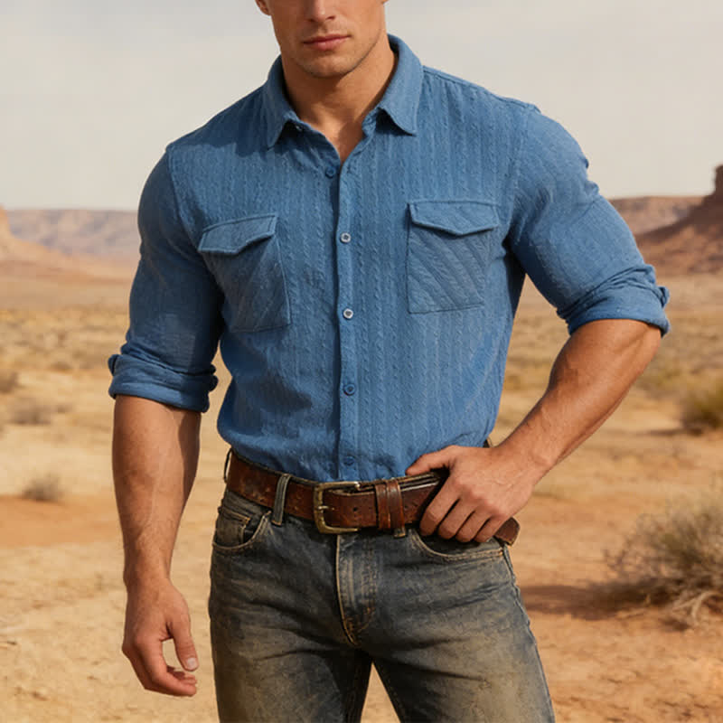 Chemise de travail rétro jacquard style cowboy à manches longues pour homme - Bleu - 2XL - image 0