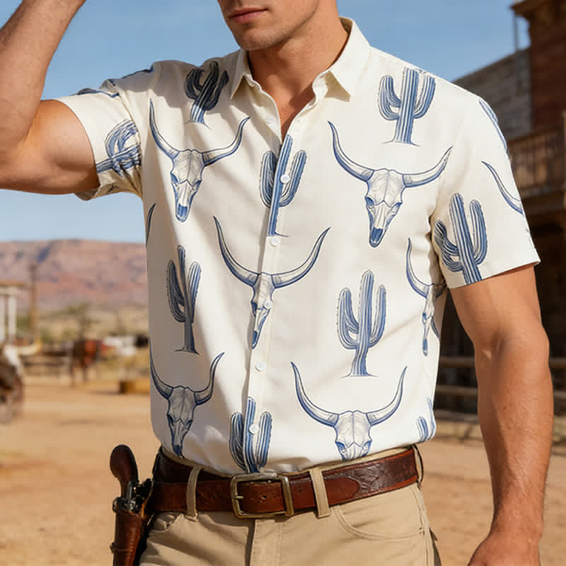 Chemise à manches courtes style ranch western avec imprimé cactus et tête de taureau - Poisson-chat et cactus - 4XL - image 0