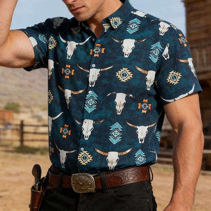 Chemise pour homme à imprimé 3D tête de taureau et motifs géométriques aztèques - Sarcelle - 3XL - image 0