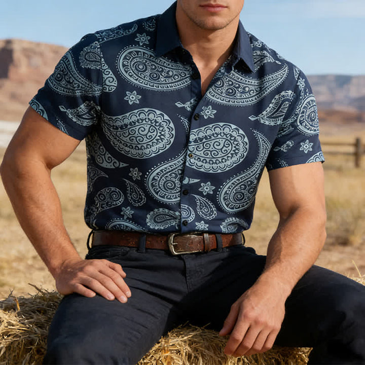 Chemise à manches courtes pour homme, motif cachemire western, col cubain - Marine - 5XL - image 0