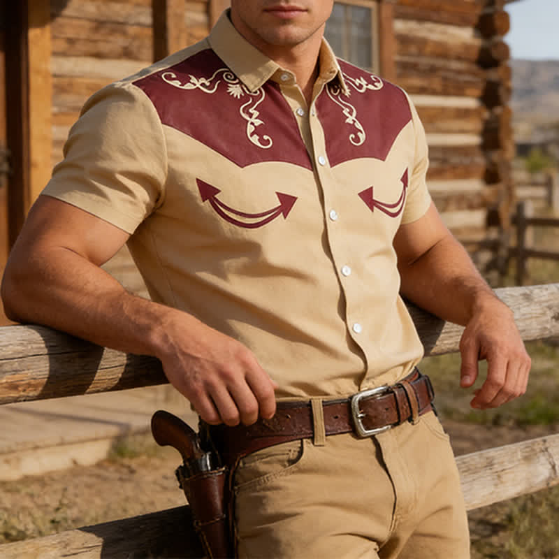 Chemise western pour homme avec empiècement contrasté imprimé en 3D et motifs à volutes. - Kaki - 5XL - image 0