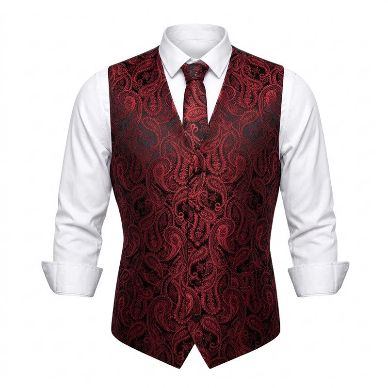 Ensemble de 3 pièces pour homme, gilet à motif cachemire jacquard - Rouge - 3XL - image 3