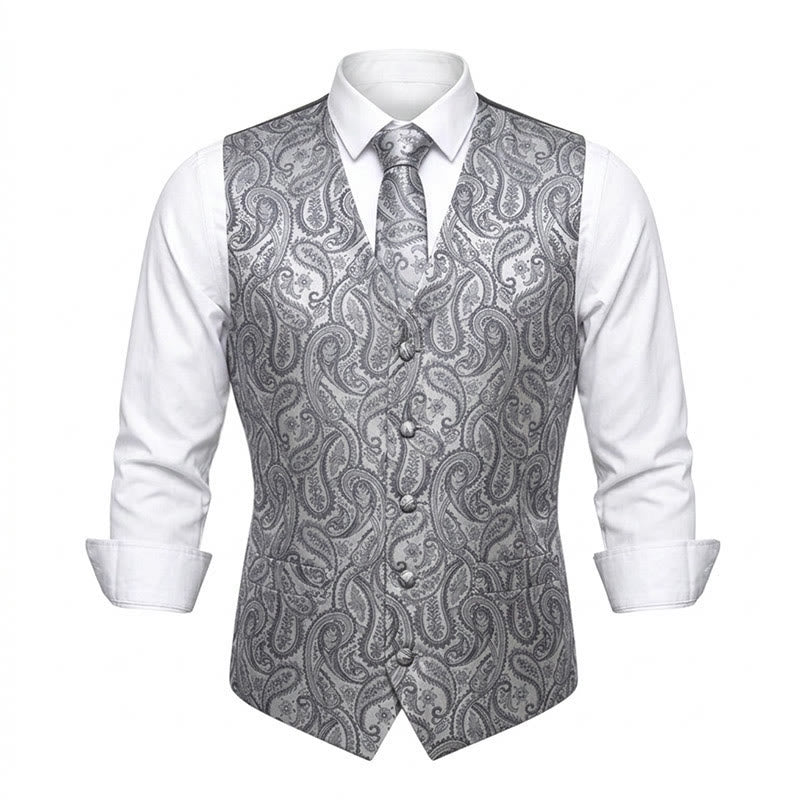 Ensemble de 3 pièces pour homme, gilet à motif cachemire jacquard - Argent - 3XL - image 5