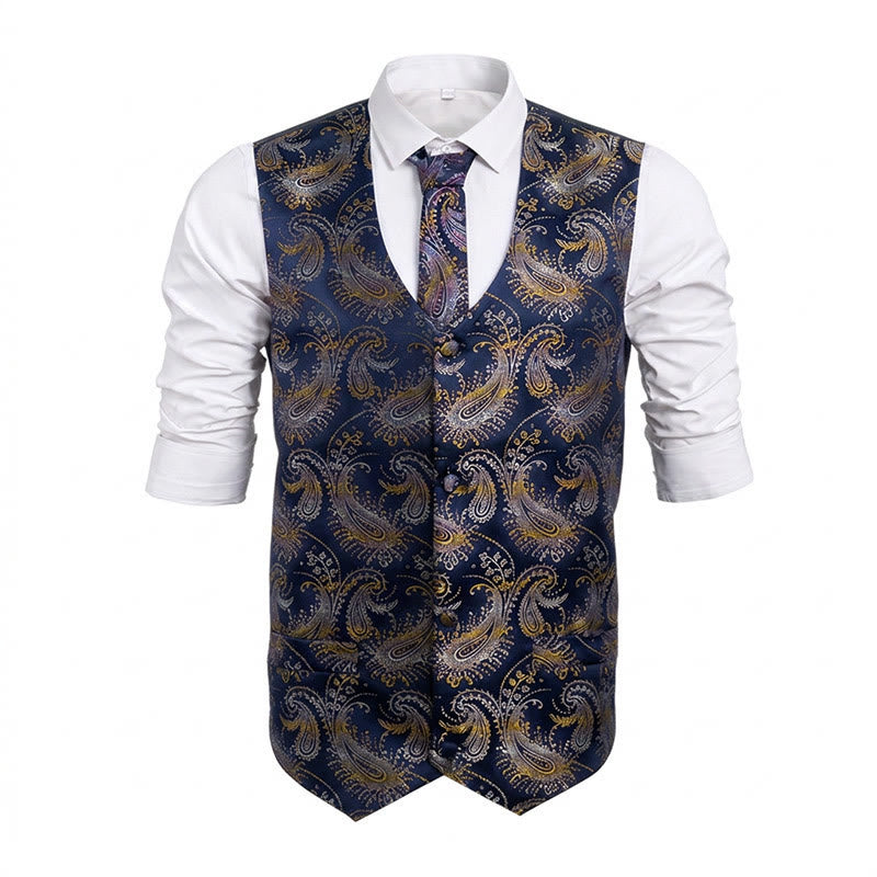Ensemble de 3 pièces pour homme, gilet habillé à motif cachemire rétro - Bleu marine - 2XL - image 7