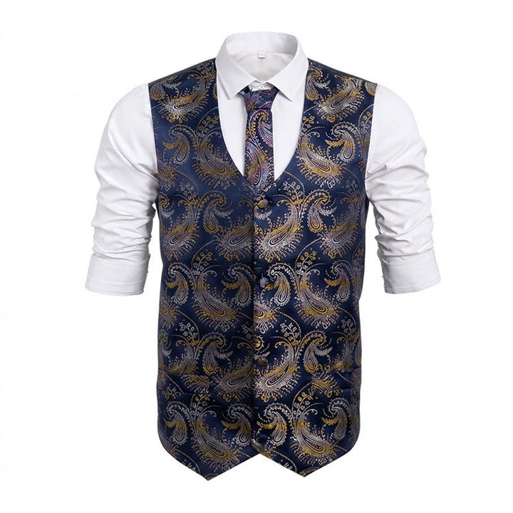 Ensemble de 3 pièces pour homme, gilet habillé à motif cachemire rétro - Bleu marine - 2XL - image 7
